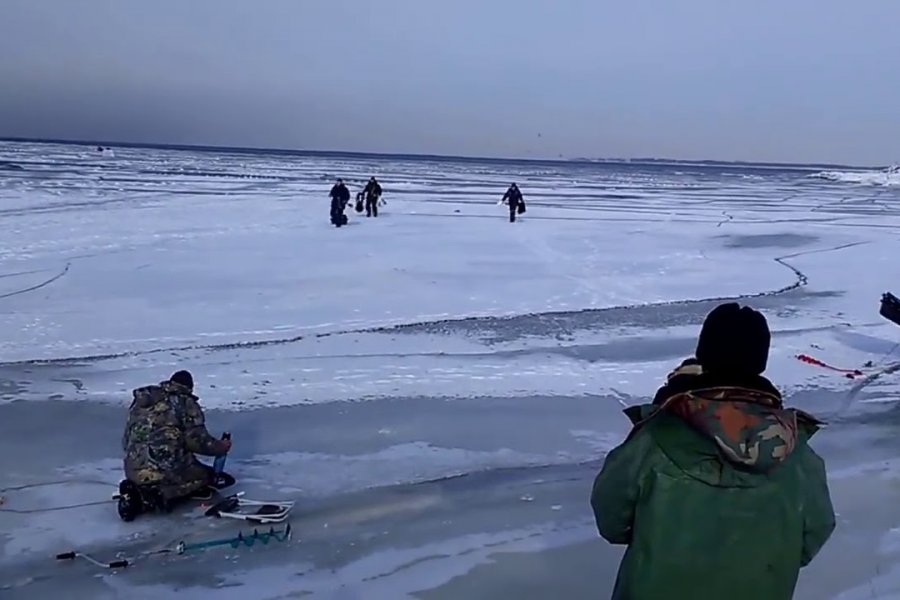 На льду Финского залива ловят рыбу и гуляют